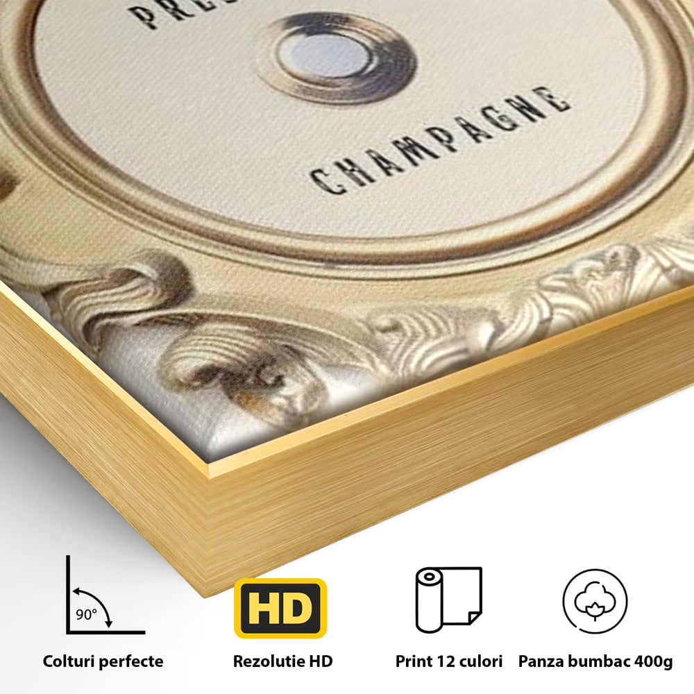 Detaliu al suprafetei: tablou canvas cu buton auriu, in rama de aluminiu auriu